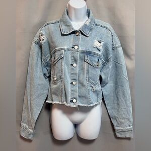 Pacsun Womens Sz M/L Raw‎ Edge Cropped Distressed Long Sleeve Denim Jean Jacket